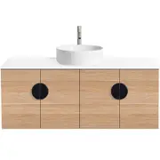 CIBO 1200mm Oak Mornington Wall Hung Vanity with White Basin and Black Handles