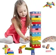 Misitti 75 PCS Wooden Tower Stacking Game,Mini Colorful Blocks, Fine Motor Skill Montessori Building Blocks with Dice Toppling Leaning Tower Toy Party Family Games for Kids and Adults