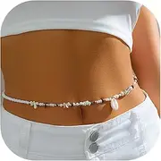 [EZSONA] Boho African Waist Beads Chains Layered Shell Bead Belly Chain Body Jewelry Bikini Beach Accessories for Women and Girl, Silver