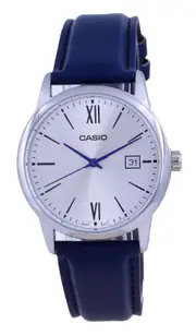 Casio Silver Dial Leather Strap Analog Date Display MTP-V002L-2B3 Mens Watch
