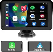 7 Inch Wireless/Wired CarPlay, Android Auto and Mirror Link, IPS Touch Screen Portable Car Stereo, Bluetooth Audio, Siri, Navigation Car Screen for All 12-24V Vehicles