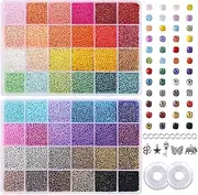 QUEFE 44000pcs 2mm Glass Seed Beads for Bracelet Making Kit, 48 Colors Small Beads, Craft Beads Kit for Jewelry Making, with 2 Storage Boxes, Charms, Jump Rings and Clear Elastic String Cord