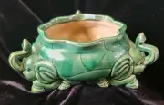 Shallow Majolica Glazed Ceramic Pottery Planter Pot 3 Elephants Lucky Bamboo