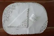 NOS 60s Oval Placemat Set 8 pc Perm Press Cotton Blend Ivory Embroidered Cutwork