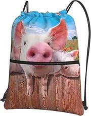 EdWal Funny Cute Pig Print Drawstring Backpack Gym Bags Sports Bags With Zipper Pocket For Travel Beach, Black, One Size