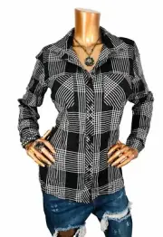 Nine West M Top NWT $59 Soft Easy Wear Button Up Shirt Bloue Black White Check