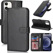 Cavor for iPhone 12 Mini Case Leather Wallet Folio Flip Cover with Kickstand and Photo Holder Card Slots Protective Shockproof Phone Cases-Black