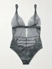 [COCO DE MER] COCO DE MER - Athena Cutout Embroidered Tulle And Satin Bodysuit - Silver - x small x small Silver