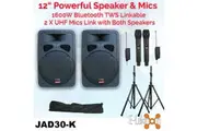 E-Lektron JAD-30K 2X12" inch Karaoke Set 1600W Powered Bluetooth TWS Speakers 2 UHF Microphones Stands