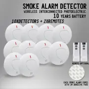 10 Pack Smoke Alarm Wireless Interconnected Photoelectric 10 Year + 2 Remote