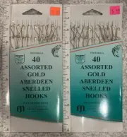 2 Packs 80 Total Pieces Assorted Size Gold Aberdeen Snelled Hooks