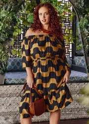 [Virtuelle] Taking Shape Natural Abstract Waves Dress Size 16 in Black / Caramel, Viscose - Plus Size Women's Clothing Black / Caramel