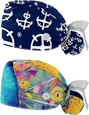 [YTYVAGT] 2-Pc,Nurse Scrub Caps,Scrub Hats with Buttons and Cotton Sweatband,Anchor Pattern Rudder