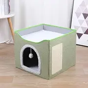 Cat Houses, Foldable Warm Indoor Cat Bed Cave with Hanging Toy and Scratching Panel, Pet House Bed Cube for Kittens Puppy (Light Green, 42x42x35cm)