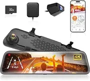 WOLFBOX G840S 12" 4K Mirror Dash Cam Backup Camera, 5.8GHz WiFi Smart Rearview Mirror for Cars & Trucks, Front and Rear View Dual Cameras, Night Vision, Parking Assistance, Included 32GB Card & GPS