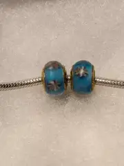 Set of 2 NEW Pandora Matte Blue with Pink Flowers Murano Glass Beads (GOLDEN COR
