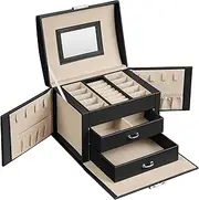 SONGMICS 3-Tier Jewellery Box, Travel Jewellery Case with Handle, 2 Drawers, Lockable Jewellery Organiser with Mirror, Jewellery Storage, Modern Style, for Loved Ones, Black JBC154B01