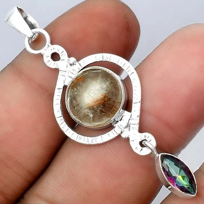 Natural Bronze Rutile and Mystic Topaz 925 Silver Pendant Jewelry P-1115