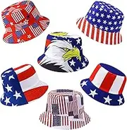 6 Pack Patriotic 4th of July Party Hats, American Flag Bucket Hats, USA Independence Day Patriotic Party Hats, Red White and Blue USA Party Hats Accessories, Reversible Bucket Hats for Outdoor
