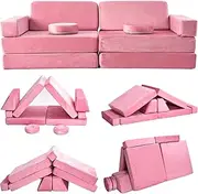 Olasme Kids Play Couch,10 Pcs Toddler Couch Sofa,Foam Modularized Kids Couch,Convertible Kids Toddlers Play Couch Sofa Set for Playroom Bedroom (Pink)