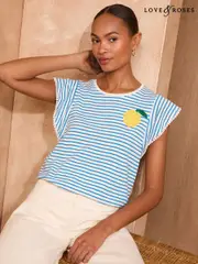 Love & Roses Blue Stripe Lemon Embroidery Flutter Sleeve Jersey T-Shirt (F17033) | $60