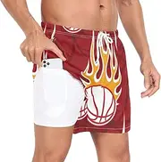 [GuoChe] Swim Shorts for Men Men's 2In1 Workout Shorts Burning Basketball Flames Red with Pockets and Compression Liner Gym