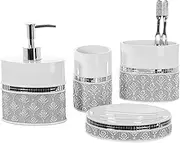 4 Piece Bathroom Accessory Set - Gift Package - Soap Dish and Dispenser Toothbrush Holder and Tumbler Cup - Mirror Damask Style - by Creative Scents