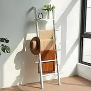 Taozun 67-Inch Wash White Farmhouse Blanket Ladder, 5-Tier Wooden Wall-Leaning Ladder with Shelf, Decorative Towel Rack with Removable Hooks for Living Room