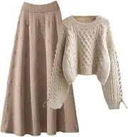 [Generic] Spring And Winter Female Set Women's Drawstring Knitted Sweater Slim Half Skirt Two Piece Set