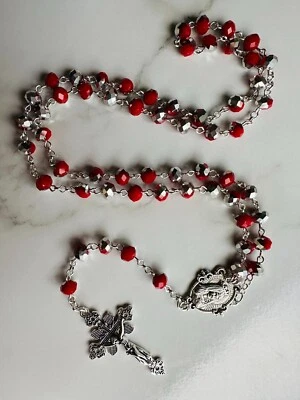 Red Silver Crystal Glass Baded Holy Rosary for Catholic Church Pray Gift
