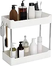 JINGIHE Bathroom Organiser, 2 Tier Bathroom Shelf with 4 Hooks, Kitchen Storage Spice Rack for Dresser, Perfume, Bedroom, Living Room, Skincare, Dressing Table (32 x 14 x 30 cm, White)