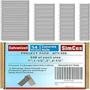SimCos 14 Gauge Concrete T Nails (1",1-1/2",2",2-1/2 inch) 14 GA Concrete Nail Gun Nails Assorted and Galvanized Concrete Finish Nails for Pneumatic Concrete Nailer