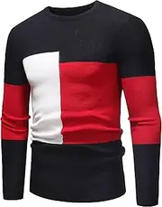 [Gsywaipei] Men's Color Block Knitted Pullover Long Sleeve Crewneck Male Knit Sweater Casual Slim Round Neck Knits Sweaters