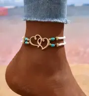 Boho Gift Two Heart White Women New Golden Double Anklet Layer Fashion Bead Rice