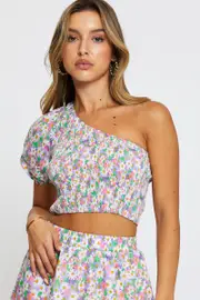 Print Crop Top One Shoulder - Size L, Women's Crop Top