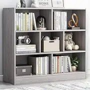 [Hbluefat] 7 Cube Bookcase, Freestanding 3-Tier Open Bookshelf, Modern Storage Display Cabinet, Wood Cube Storage Organizer for Home Office, Living Room, Bedroom (Grey)