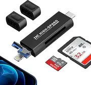 JJC 3-in-1 Memory Card Reader, USB OTG Adapter & SD Card Reader for iPhone 15 14/iPad, [NO APP] [Plug and Play] Lighting and USB C and USB A Devices with Micro SD & SD Card Slots, Trail Camera Viewer