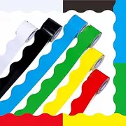 6 Rolls Bulletin Board Borders, 198 Ft Scalloped Rolled Border Trim with Wavy Line Design Yellow, Green, Red, Blue, Black, White Decoration for School, Classroom & Offices, 33Ft per Roll
