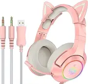 K9 3.5mm Wired Gaming Headset Removable Cat Ears Headphones Noise C ing E-Sports Earphone with Microphone Light Volume Control Mute Mic for Desktop PC Pink Dual 3.5mm