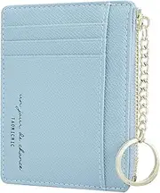 [Prometheism] Women Slim Leather Card Case Holder Small Wallet Cute Coin Purse Girl Mini Wallet with Keychain, Blue, Small, Minimalist