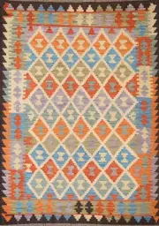 South-western Geometric Kilim Area Rug Wool Flat-weave Tribal Handmade Rug 5'x6'
