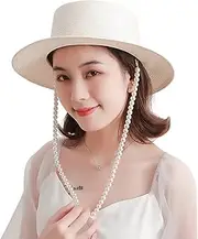 [Fiunkes] Womens Sun Hat Boater Hat with Pearls Band, Wide Brim UV Protection Panama Straw Hat UPF50+ Skimmer Beach Hat