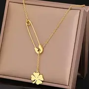 [SHMAZ] Stainless Steel Necklaces Paperclip Vintage Classic Clover Pendant Chain Choker Necklace For Women