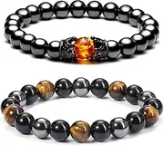 [Jovivi] Natural Lava Stone and Tiger Eye Round Beaded Handmade Healing Energy Wrist Bracelet for Men and Women