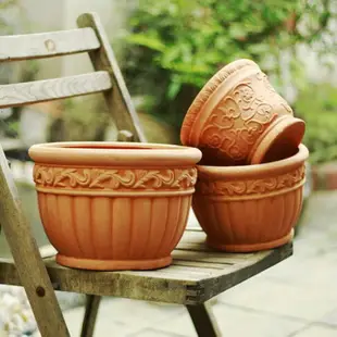 歐式鄉村創意浮雕透氣陶罐素燒泥瓦紅陶多肉玫瑰月季圓形花盆大小