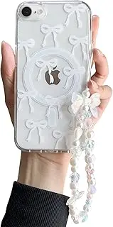 inewateri Compatible for iPhone SE Case 2022 (3rd)/2020 (2nd)/ 8/7 Case, Clear Cute Bow Compatible with MagSafe, Ribbon Aesthetic Shockproof Protective Cover for Crystal Chain-White