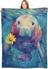 Manatee Blanket Playful Ocean Animal Throw Blankets with Sunflower,Birthday Gift
