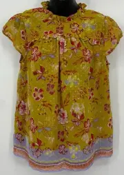 Joie Top Size Medium M Mustard Yellow Floral Cap Sleeve Ruffle Peasant Women New