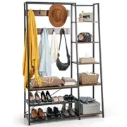 Giantex Clothes Rack Coat Stand 180cm Shoe Bench w/9 Hooks & Shelves Open Wardrobe Metal Frame Garment