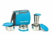 Steel Lunchboxes & Bags Blue (500 ml+350 ml+200 ml) with Steel Tumbler 370 ml